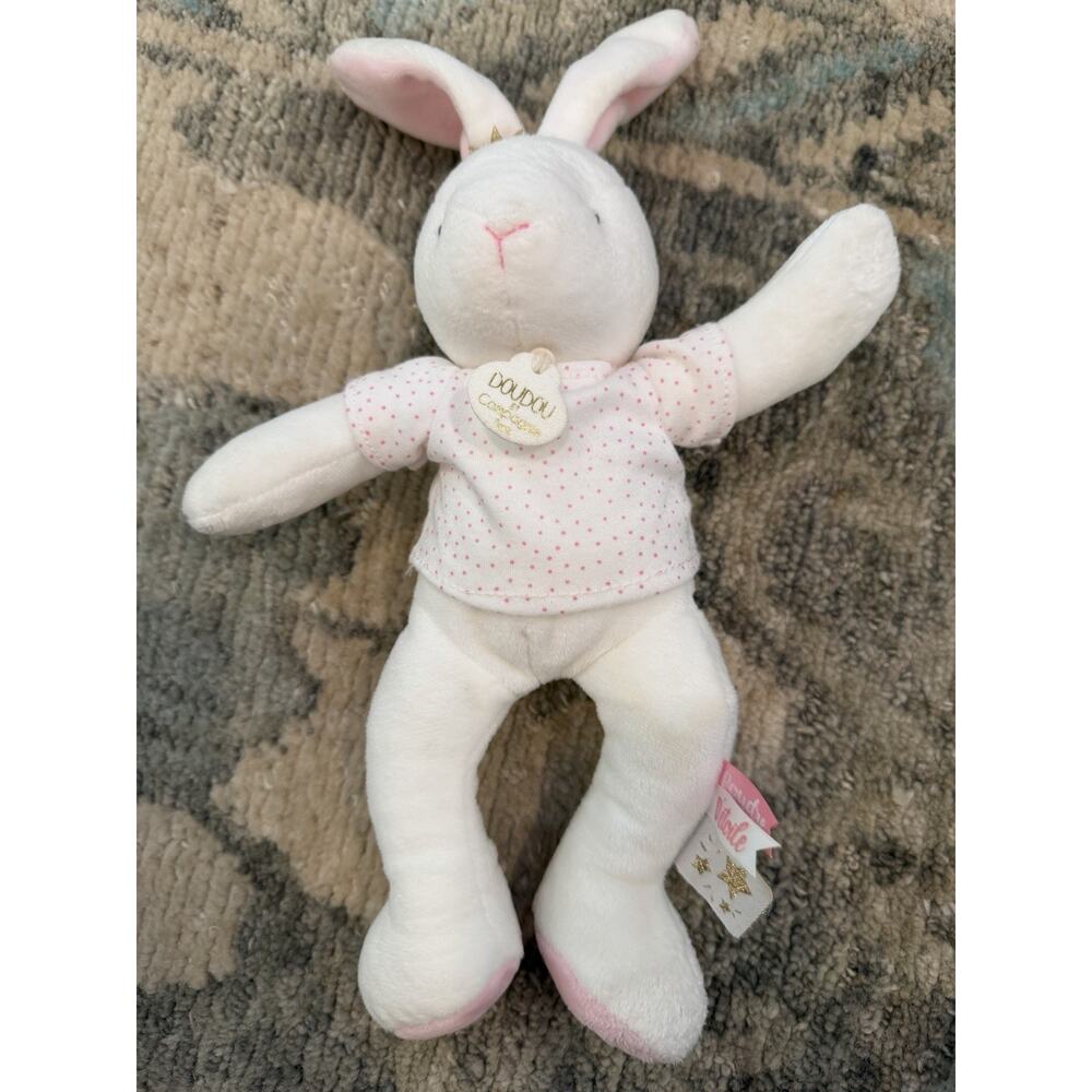 DouDou Et Compagnie Paris Plush Bunny Lovey White Pink Polka Dot shirt